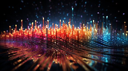 Rhythmic Waves of Color: Luminous Ribbons Dance Across a Reflective Surface in a Symphony of Light and Shadow. Data visualization picture, luminous waves and data streams