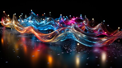 Rhythmic Waves of Color: Luminous Ribbons Dance Across a Reflective Surface in a Symphony of Light and Shadow. Data visualization picture, luminous waves and data streams