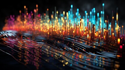 Rhythmic Waves of Color: Luminous Ribbons Dance Across a Reflective Surface in a Symphony of Light and Shadow. Data visualization picture, luminous waves and data streams