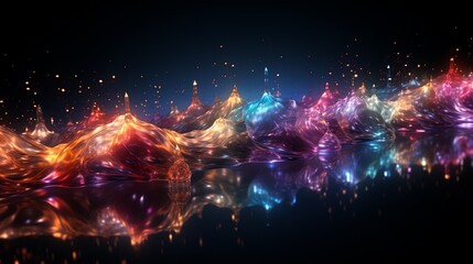 Rhythmic Waves of Color: Luminous Ribbons Dance Across a Reflective Surface in a Symphony of Light and Shadow. Data visualization picture, luminous waves and data streams