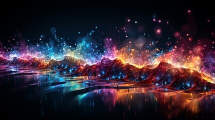 Rhythmic Waves of Color: Luminous Ribbons Dance Across a Reflective Surface in a Symphony of Light and Shadow. Data visualization picture, luminous waves and data streams