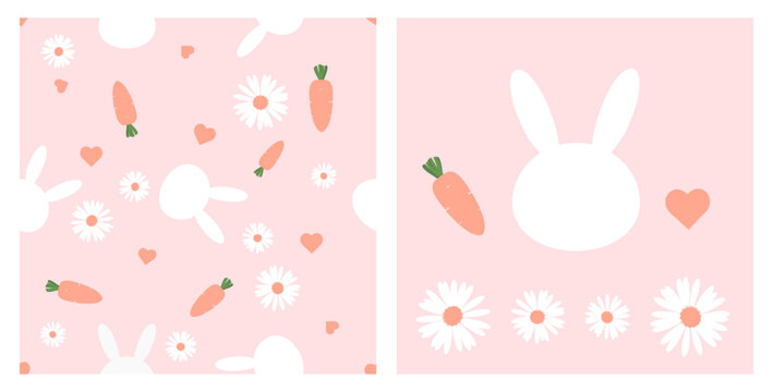 Seamless pattern with bunny rabbit cartoon, carrots and daisy flower on pink background. Rabbit, heart, carrot and daisy icons.