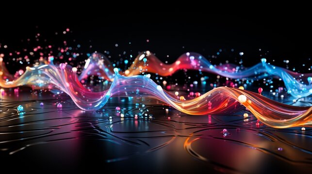 Rhythmic Waves of Color: Luminous Ribbons Dance Across a Reflective Surface in a Symphony of Light and Shadow. Data visualization picture, luminous waves and data streams