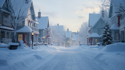 A street is covered in snow and has a lot of houses on it and a few trees on the side.