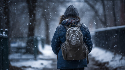 A person with a backpack walking in the snow in the park in winter time, with snow falling on the...