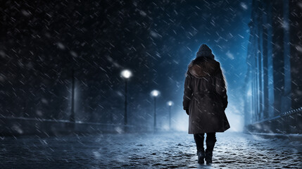A person walking down a street heavy snow at night with a coat on and a hat on, winter. - obrazy, fototapety, plakaty