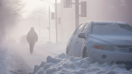 A person walking down a snowy street in the snow with a car parked on the side of the road.