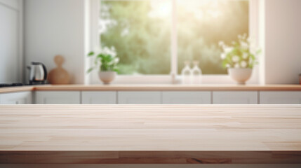 Empty wooden table with kitchen background for product placement.