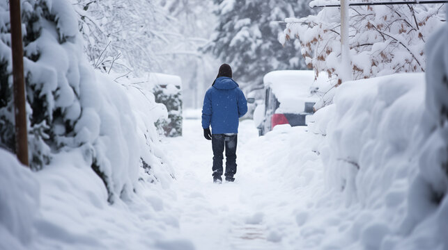 A person stands a snowy street in a blue jacket and black pants. Consequences after heavy snowfall in the morning.