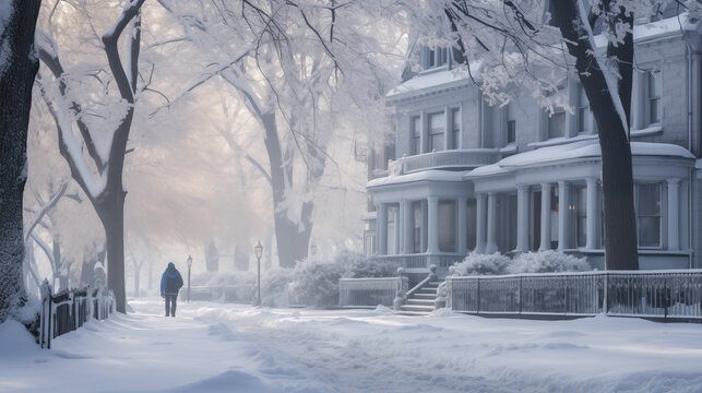 A person walking down a snow covered street in front of a row of houses with trees and a fence.