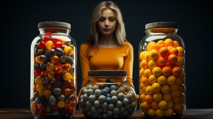 Thoughtful Woman Contemplating Between Jars of Supplements and Fresh Citrus Fruits