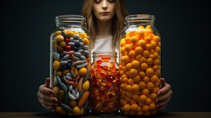 Thoughtful Woman Contemplating Between Jars of Supplements and Fresh Citrus Fruits