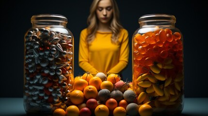 Thoughtful Woman Contemplating Between Jars of Supplements and Fresh Citrus Fruits