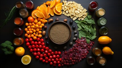 Culinary Spectrum, Vibrant Array of Fresh Citrus, Leafy Greens, and Organic Superfoods on a Sleek Black Surface