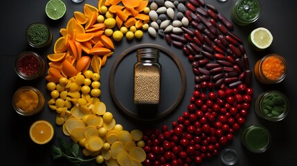 Nutritional Spectrum: Wholesome Balance of Legumes, Citrus Fruits, and Leafy Greens in Artful Display.The picture of a healthy lunch snack. A circle of healthy foods to keep you healthy 