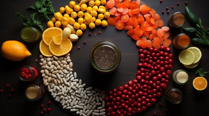 Nutritional Spectrum: Wholesome Balance of Legumes, Citrus Fruits, and Leafy Greens in Artful Display.The picture of a healthy lunch snack. A circle of healthy foods to keep you healthy 