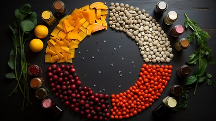 Nutritional Spectrum: Wholesome Balance of Legumes, Citrus Fruits, and Leafy Greens in Artful Display.The picture of a healthy lunch snack. A circle of healthy foods to keep you healthy 