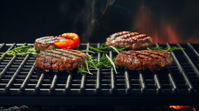 Delicious Burgers Grilling on a Minimalistic Clean Grill, Stock photography