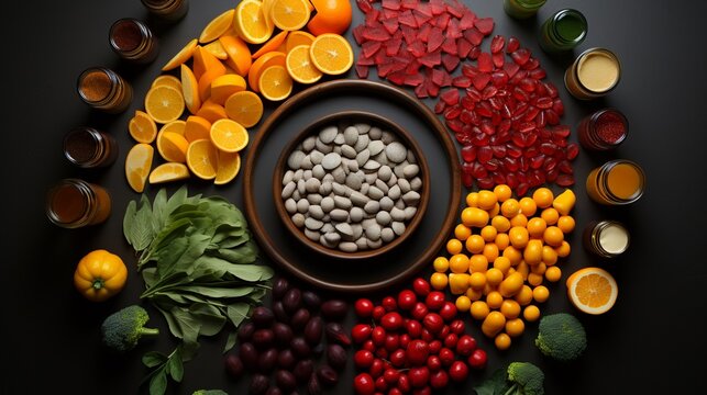 Nutritional Spectrum: Wholesome Balance of Legumes, Citrus Fruits, and Leafy Greens in Artful Display.The picture of a healthy lunch snack. A circle of healthy foods to keep you healthy 