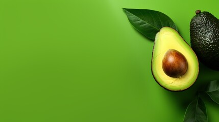 Fresh avocado over a green background with copy space
