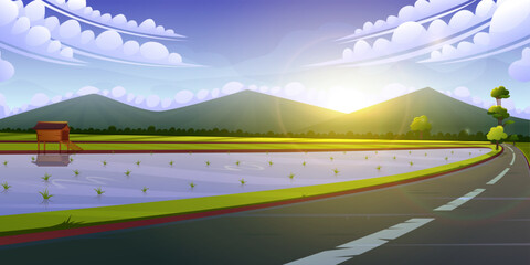 Cartoon illustration of a road going through a rice field at morning. Asian rice field terraces at morning mountains landscape. 