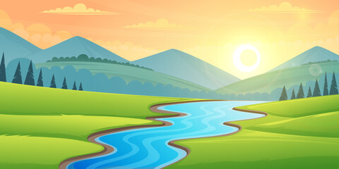 sunrise, morning scene, river  through a lush green valley cartoon illustration