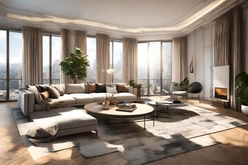 an outstanding 3D living room with an emphasis on striking architectural features and breathtaking panoramic views.