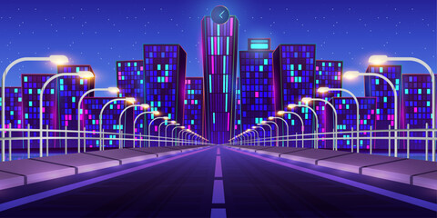 cityscape with futuristic city and road at night, Road to night city, empty highway with glowing street lamps and skyline with urban architecture.
