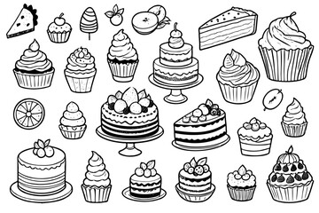 Bakery and pastry desserts sketches of chocolate cake, cupcake, muffin, fruit dessert and berry pie, topped with cream, cherry, strawberry and blueberry, sprinkles and waffles