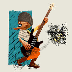 Improvisation. Artistic young man playing guitar, performing own music composition. Contemporary...