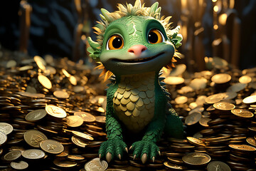 Baby green dragon on a pile of gold coins