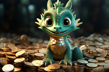 Baby green dragon on a pile of gold coins