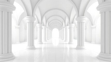 3D rendering of a white corridor with pillars in the background.