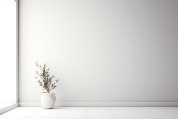A blank white backdrop is adorned with potted plants.