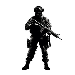 Black silhouette of soldier with gun isolated on transparent background. AI generated.
