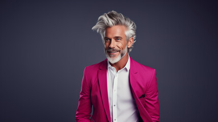 Obraz premium Happy elderly fashion model with grey full hair, mature and happy smiling man in colorful close-up portrait | Generative AI