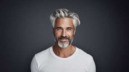 Happy elderly fashion model with grey full hair, mature and happy smiling man in colorful close-up portrait