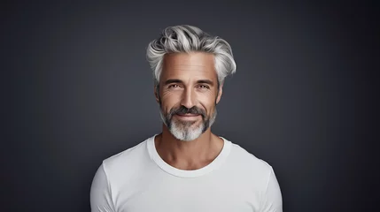 Papier Peint photo autocollant Pleine lune Happy elderly fashion model with grey full hair, mature and happy smiling man in colorful close-up portrait