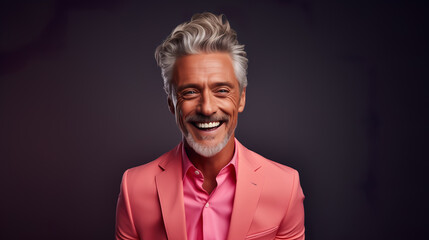 Obraz premium Happy elderly fashion model with grey full hair, mature and happy smiling man in colorful close-up portrait | Generative AI