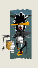 Punk, rock. Talented man playing drums over light background. Rock and roll. Contemporary art collage. Concept of music festival, show, talents, surrealism, creativity and inspiration