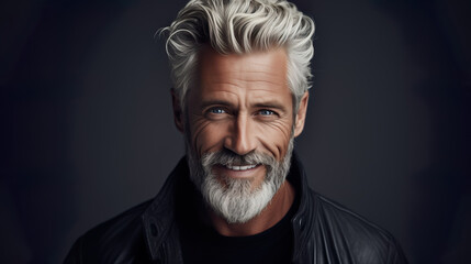 Obraz premium Happy elderly fashion model with grey full hair, mature and happy smiling man in colorful close-up portrait | Generative AI