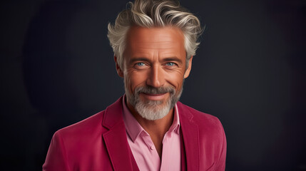 Fototapeta premium Happy elderly fashion model with grey full hair, mature and happy smiling man in colorful close-up portrait | Generative AI