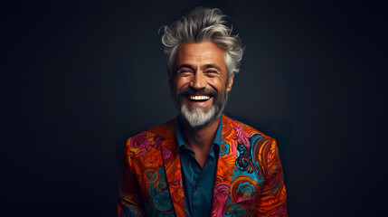 Happy elderly fashion model with grey full hair, mature and happy smiling man in colorful close-up portrait | Generative AI