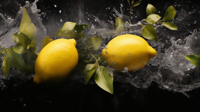 Photo of two Capri lemons with iced water on a black background