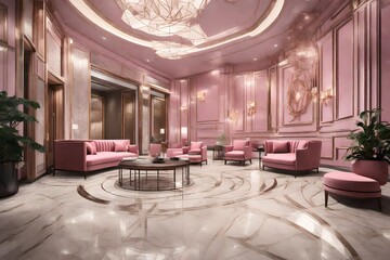 3D view, entree hall in luxury hotel, with pink color sofa's