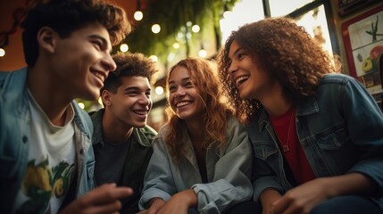 A diverse group of teenagers enjoying each other’s company and showing that friendship transcends cultural and ethnic differences, friendship knows no borders