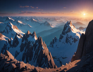 Captivating Majestic Summit Views: Panoramic Perspectives of Snow-Blanketed Mountain Peaks in Winter