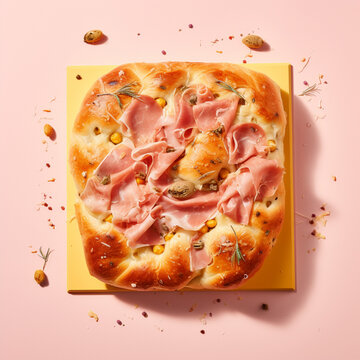 top down food photography of foccacia mortadella on pastel backgroud