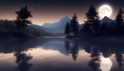 Reflection in the water of moonlight with mountains in night