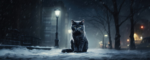 chat noir assis dans la neige, dans une rue la nuit éclairée par un lampadaire